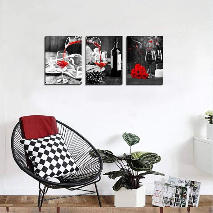 Kitchen Wall Art for dining room Wall Decor Still life Black and white Canvas art Prints Wine barrel bar Red rose painting modern family wall decorations restaurant bedroom Decor Artwork 3 piece set