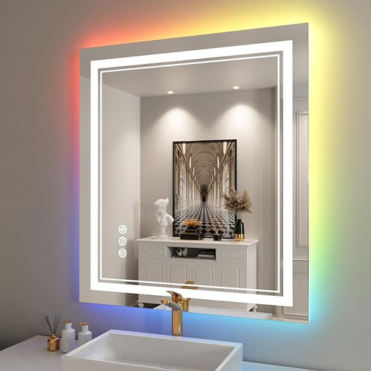 32x36 inch LED Bathroom Mirror with RGB Lights Color Changing Backlit Mirror Shatterproof Dimmable Anti-Fog Lighted Vanity Mirror (RGB Multicolor Backlit + Adjustable Front-Lighted)
