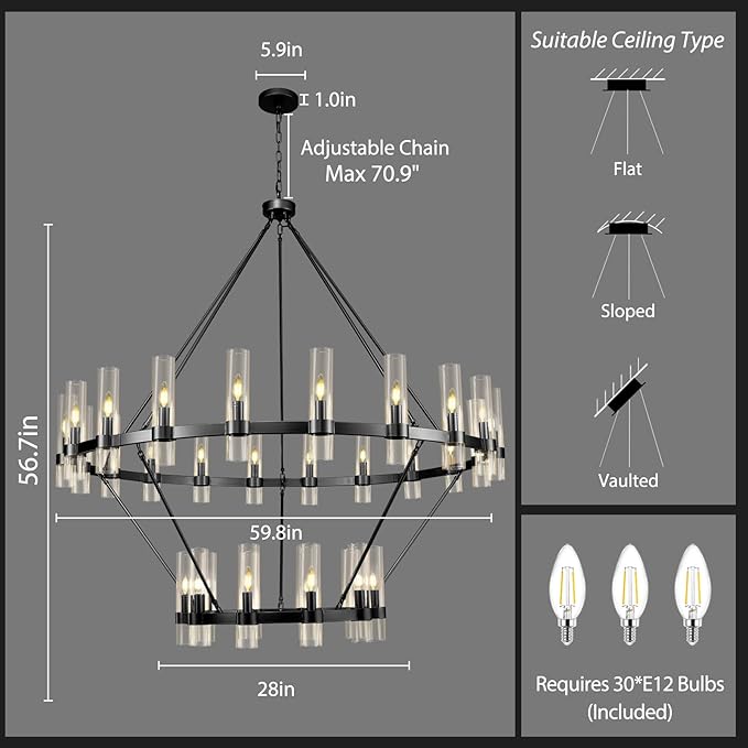 Black Wagon Wheel Chandelier 2 Tier, 60 Inch Chandeliers with Glass Shade, 30-Light Large Chandelier for High Ceiling, Modern Farmhouse Chandeliers for Living Room, Dining Room, Entryway and Staircase