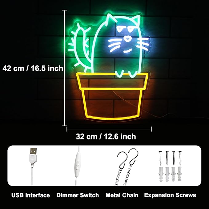 Cactus Cat Neon Sign Funny Animal LED Signs for Wall Novel Potted Plant Neon Light Dimmable Cartoon Neon Lights Signs for Bedroom Man Cave Porch Party Decor USB Powered