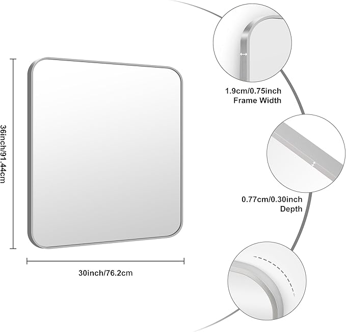 KOCUUY Silver Bathroom Mirror, 30x36 Inch Bathroom Mirror for Over Sink, HD Tempered Glass, Anti-Rust Brushed Silver Frame, Rounded Corner Modern Design for Bathroom, Hang Horizontal/Vertical