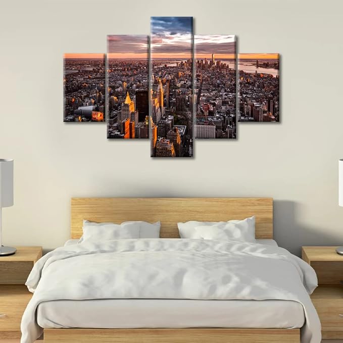 Manhattan Skyline Wall Art Canvas Print 5 Pieces Aerial View of Beautiful Manhattan Cityscape Modern Home Decor Artwork Paintings Print on Canvas Stretched and Framed Ready to Hang (60"Wx40"H)