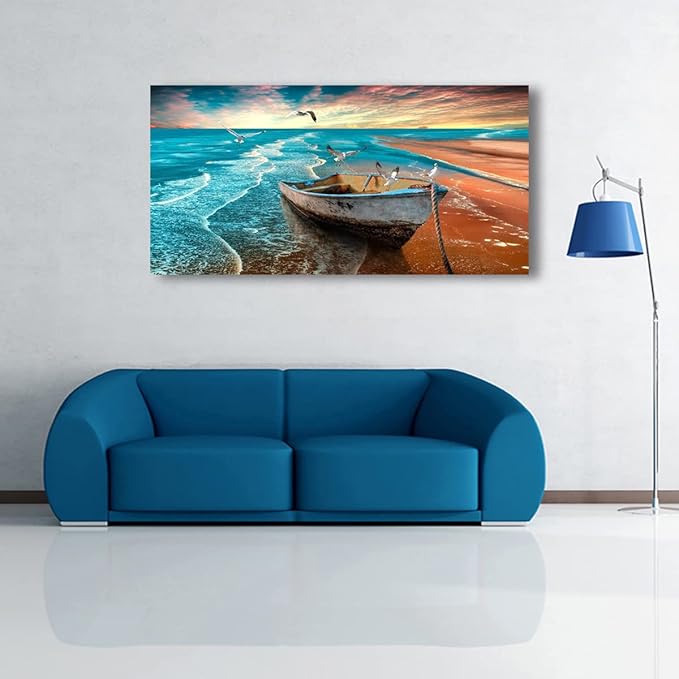Beach Sunset Pictures Canvas Wall Art For Living Room Bedroom Wall Decor,Seascape Wall Art Print Paitnings For Home Decor,Morden Artwork Boat Canvas Art Waterproof Ready To Hang-28x57 Inches
