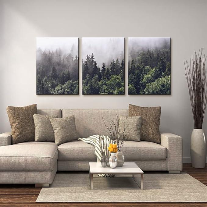 Pacimo Canvas Wall Art Fog Over Pine Tree Forest Nature Wilderness Photography Modern Art Rustic Landscape Relax/Calm Cool for Wall Decor Giclee Artwork Stretch Framed Ready to Hang - 12"x16"x3