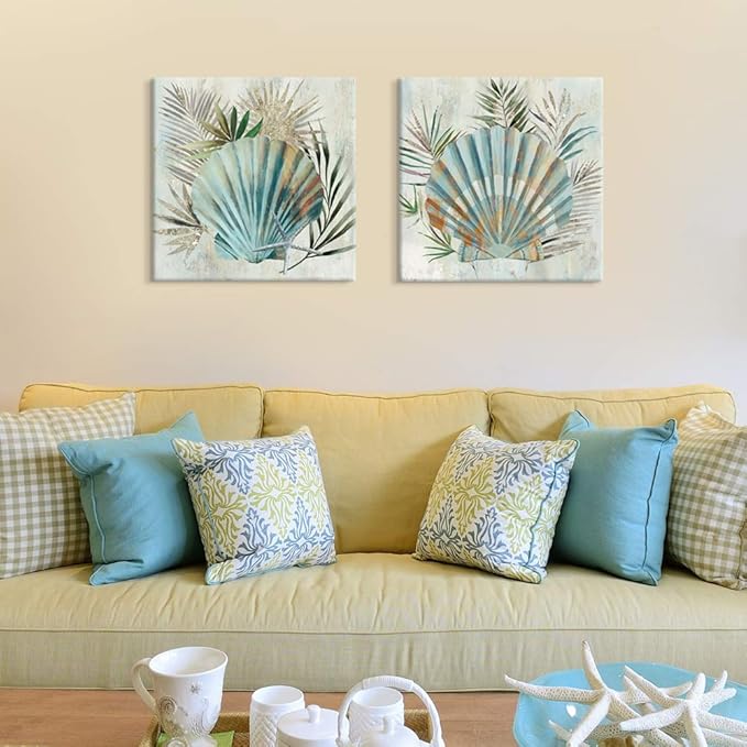 JAPO ART Turquoise Shell by PI Creative Art Modern seashells Wall beach Pictures Vintage Artwork Framed Giclee Print on Canvas Stretched Living Room Bedroom 16 x 16 inch x 2 pcs