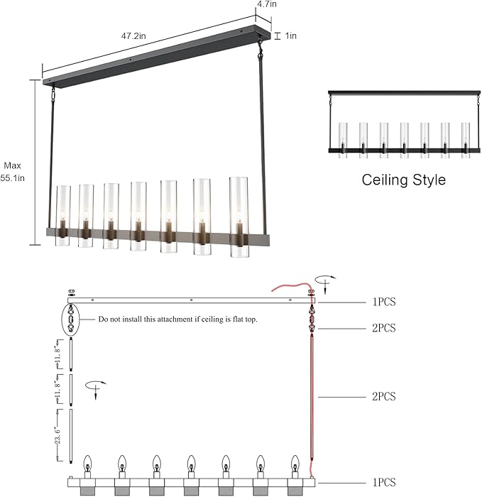 Black Kitchen Island Lighting- 7-Light Linear Chandelier, Adjustable 47'' Modern Farmhouse Rectangle Pendant Light Fixtures, Dining Room, Bedroom