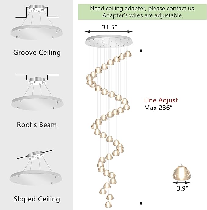 236'' Long Large Crystal Chandeliers LED Chandeliers for High Ceiling Handing Light Fixture for Entrance Hallway Foyer Staircase Lobby Silver
