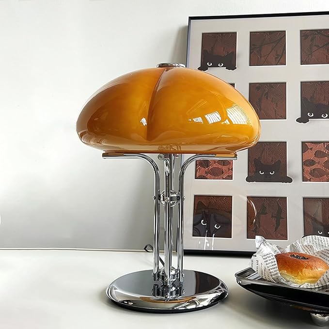 Mushroom Table Lamp with Caramel Lampshade,Art Deco Glass Desk Light with Chrome Base,Dimmable Small Nightstand Lamp,Mid Century Table Light for Living Room Bedroom