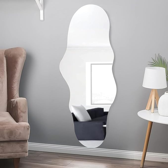 BST FURNH Unique Full Length Wall Mounted Mirror Tall Mirror Full Body Floor Length Mirror Dressing Body Frameless Mirror for Bedroom Bathroom Living Room,Irregular Shape Mirror,White Cloud 47x23''