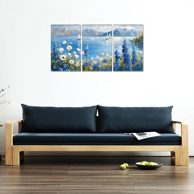 MAMAGO Large 3 Pieces Blue Wildflower Wall Decor Vintage Nautical Plant Canvas Print Oil Painting Coastal Natural Scenery Picture Modern Bathroom Farmhouse Artwork Framed Easy to Hang-24”x36”x3pcs