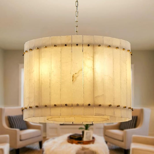 22.4" Round Alabaster Chandelier, Modern Dining Room Chandeliers with Adjust Height, 6-Light Marble Hanging Pendant Dining Light Fixture for Kitchen Island, Living Room, Bedroom, Foyer, Entryway