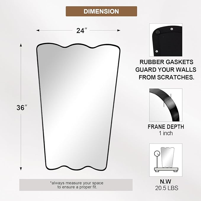 ANDY STAR Scalloped Mirror for Bathroom, 24x36 Inch Matte Black Butterfly Mirror for Living Room,Fireplace, Rustproof Stainless Steel Metal Frame, Hang Vertical or Horizontal