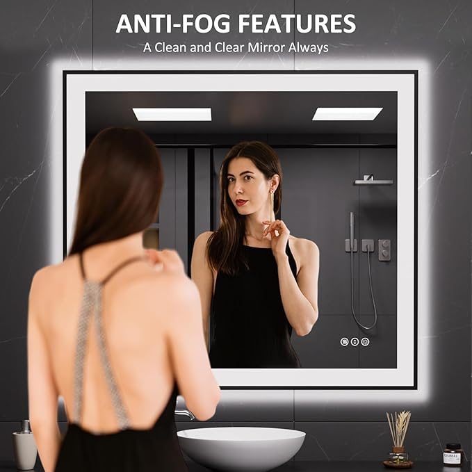 LOAAO 40"X36" LED Bathroom Mirror Black Framed, Anti-Fog, Dimmable, Lighted Bathroom Vanity Mirror for Wall, Memory Function, Tempered Glass