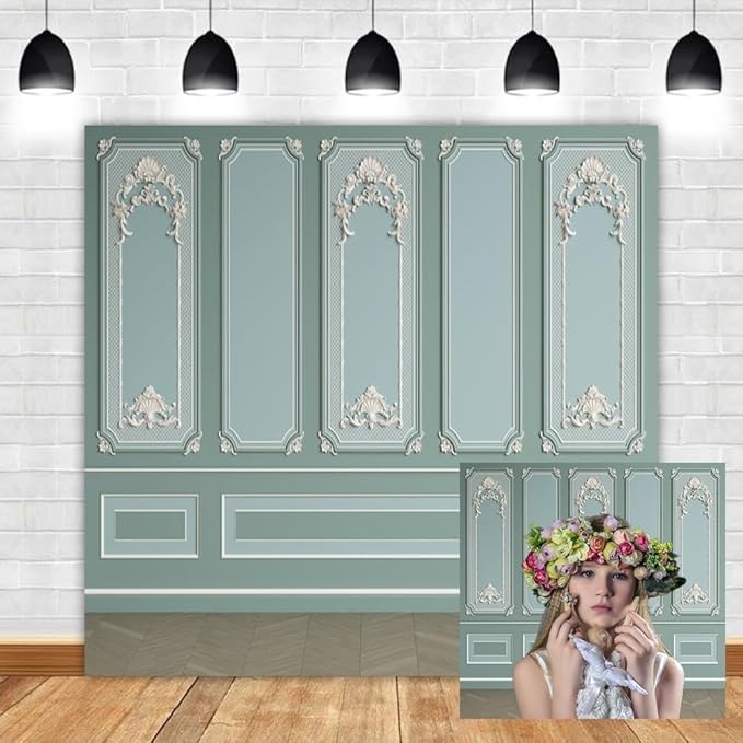 Leyiyi 10x10ft Green Vintage Room Inside Backdrop European Frame Modern House French Castle Cementery Wall Retro Style Photo Background Cowboy Kids Birthday Portrait Studio Prop Vinyl Wallpaper