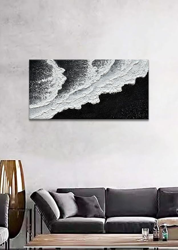 Black and White Beach Wave Textured Wall Art 3D Oil Painting Hand Painted Abstract Canvas Framed 40x20 Inch Acrylic Painting