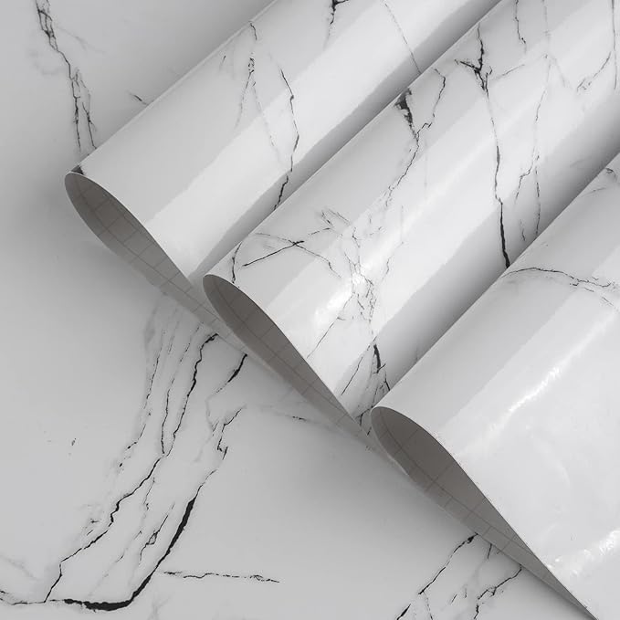 48x197inch Extra Wide Black White Marble Wallpaper Peel Stick Glossy Thick Waterproof Furniture Sticker Granite Look Contact Paper DIY Wall Sticker Self-Adhesive Countertop Vinyl Wrap for Kitchen