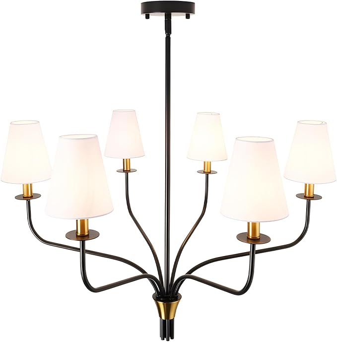 30" Modern Black and Gold Chandelier for Dining Room, 6-Light Mid Century Pendant Light with White Fabric Shade, Contemporary Ceiling Lighting for Living Room Bedroom Kitchen Island, E12