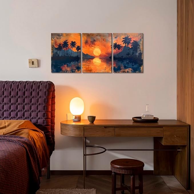 MAMAGO Sunset Beach Wall Art Tropical Palm Trees Canvas Print Picture Oil Painting Style Coastal Landscape Living Room Bedroom Bathroom Wall Decor Framed Easy to Hang-12”W x 16”Hx3pcs