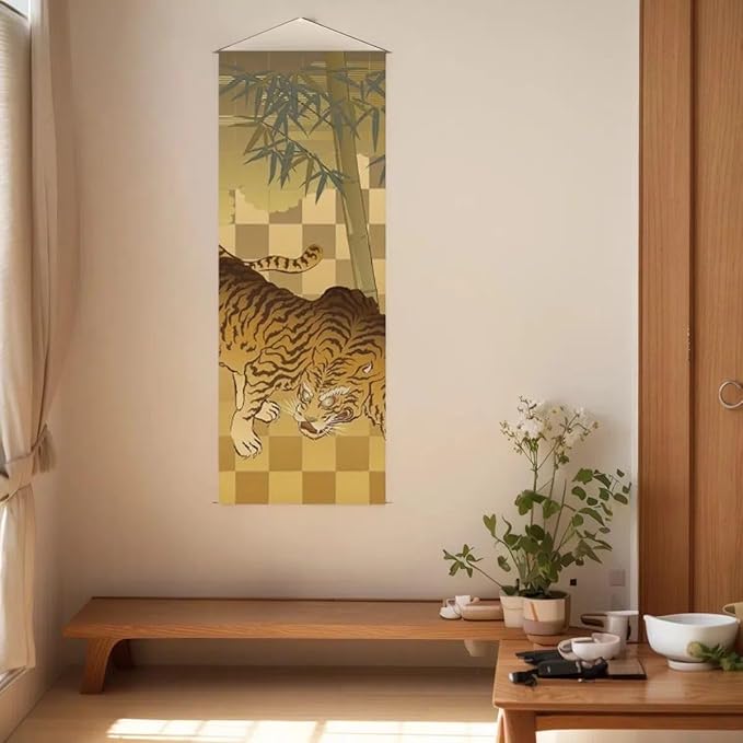 Japanese Tapestry Wall Art Scroll - Feng Shui & Lucky Symbols | W15.7xH47.2", Extra Long Vertical Hanging Decor for Bedroom, Living Room, Office Tiger CTT-10