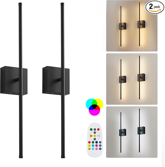 Battery Operated Wireless Wall Sconces Set of Two, with Remote, Dimmable, Warm White/Natural White/Daylight/RGB, 350°Rotate, LED Black Wireless Wall Light for Living Room, Bedroom, 32.2 Inch
