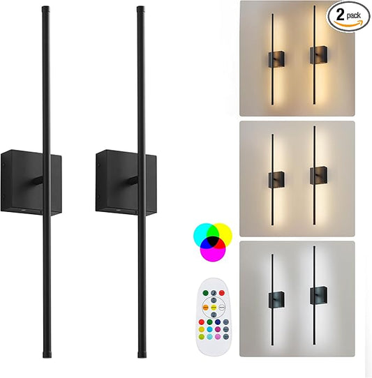 Battery Operated Wireless Wall Sconces Set of Two, with Remote, Dimmable, Warm White/Natural White/Daylight/RGB, 350°Rotate, LED Black Wireless Wall Light for Living Room, Bedroom, 32.2 Inch
