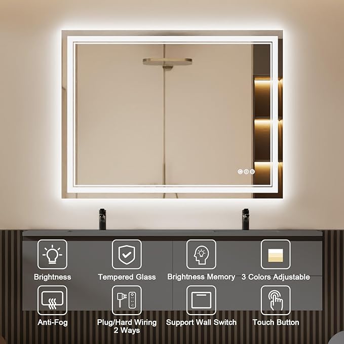 48 x 40 Inch LED Bathroom Mirror with Lights, Backlit and Front Lighted Bathroom Mirrors for Wall, Anti-Fog Dimmable Memory Shatterproof LED Vanity Mirror for Bathroom