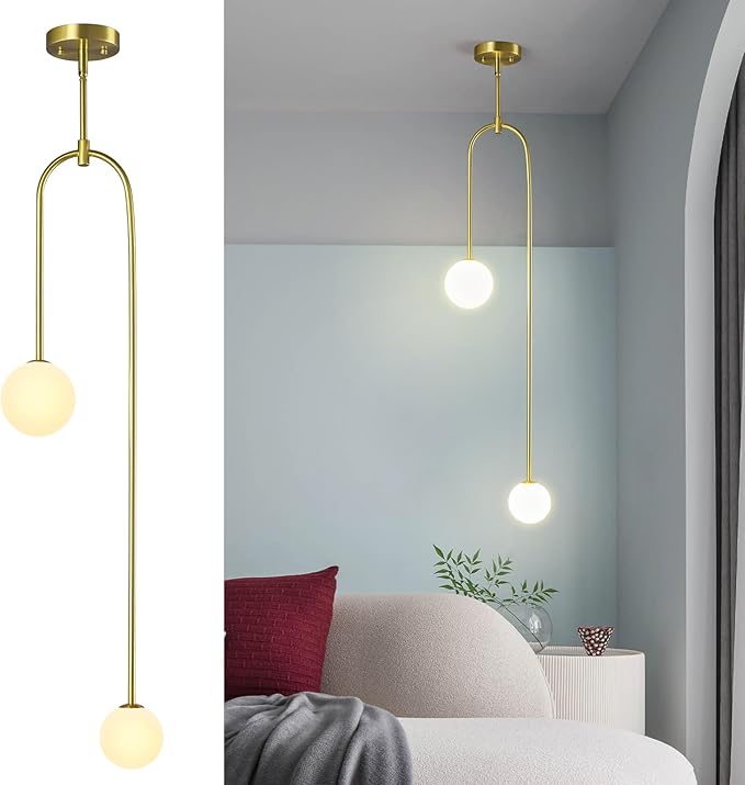 Modern Milk Glass Pendant Light 2 Light Mid Century Chandelier Small Glass Globe Gold Pendant Lights for Kitchen Island Bedroom Dining (1 Pack)