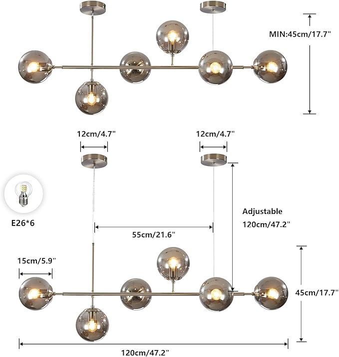 KCO Modern 6-Light Ceiling Pendant Lighting Mid-Century Glass Globes Sputnik Pendant Lamp Hanging Adjustable Chandelier for Kitchen Island Living Dining Room (Silver+Smoke Grey)