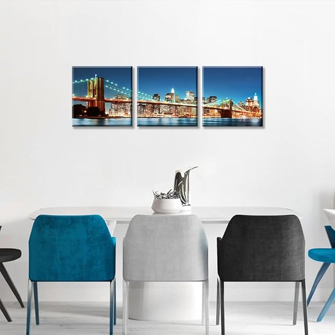NAN Wind 3PCS Brooklyn Bridge Canvas Art Illuminated NYC Skyline with City Lights Wall Decor Modern Manhattan Night View Panoramic Prints Contemporary Water Reflection Canvas Set for Living Room