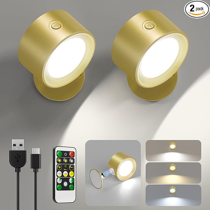 Lightbiz LED Wall Lights 2 Pcs with Remote, Wall Sconces Lamp Rechargeable Battery Operated, 3 Color Temperatures & Dimmable Magnetic 360° Rotation Cordless for Bedroom Bedside