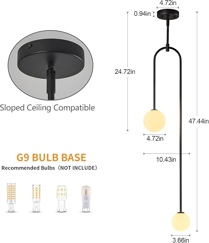 Modern Milk Glass Pendant Light 2 Light Mid Century Chandelier Small Glass Globe Black Pendant Lights for Kitchen Island Bedroom Dining (Metal Tube Removable, 1 Pack)