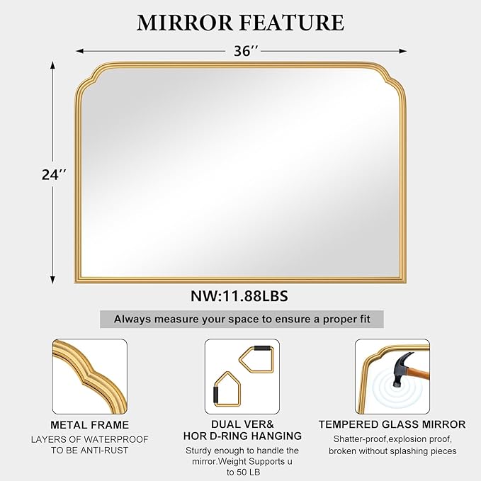 36X24 Inch Gold Bathroom Vanity Mirror for Over Sink, Modern Rounded Corner Fireplace Decor Mirror with Non-Rusting Iron Metal Framed