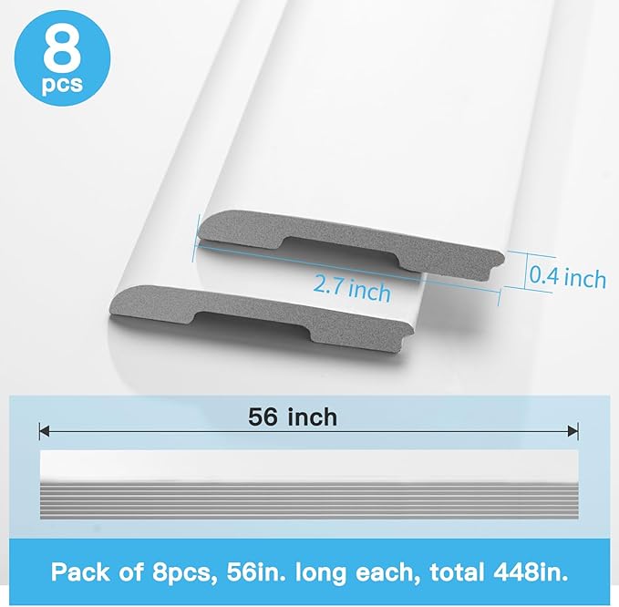 Art3d Wall Baseboard Molding Trim 8-Pack of 56 x 2.6 in., High Impact Polystyrene Skirting Board - Installed with Glue - White