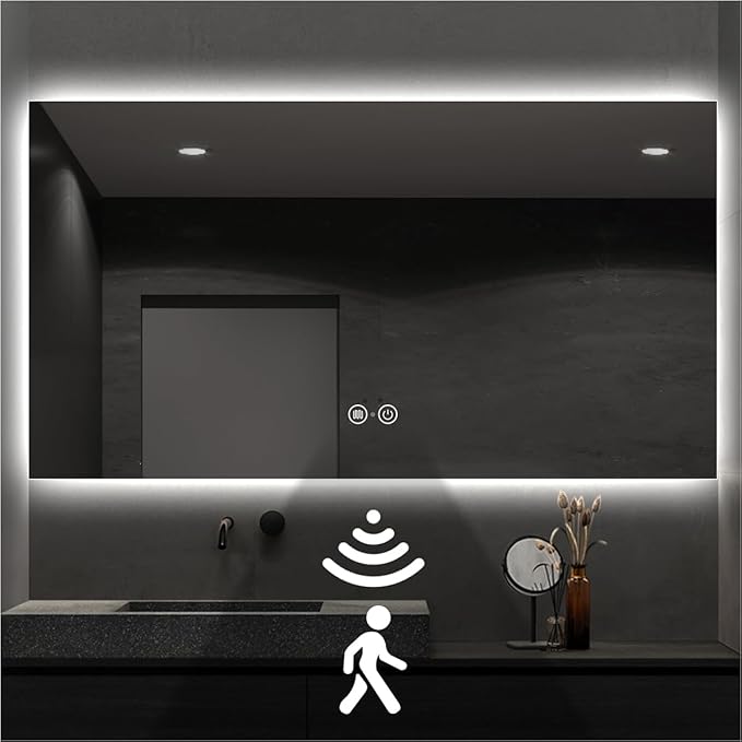 Backlit LED Bathroom Mirror, Infrared Motion Sensor Vanity Mirror with 3-Color Lights, Stepless Dimmable Wall Lighted Mirror with Anti-Fog, Memory, Rectangular (36" L x 48" W)