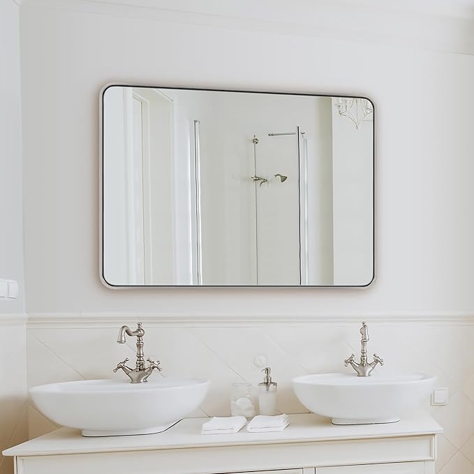 ANDY STAR 40”X30” Chrome Bathroom Mirror, Polished Chrome Bathroom Vanity Mirror, Rounded Rectangle Mirrors for Wall, SUS304 Anti-Rust Tube Metal Frame, Wall Mounted Horizontal/Vertical 1’’ Deep