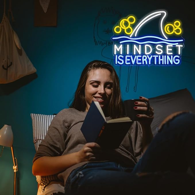 Mindset is Everything Neon Sign Led Fish Shark Neon Light Up Sign Dimmable Inspirational Neon Wall Decor sign for Classroom Office Bedroom School 16.5 * 12.6 IN