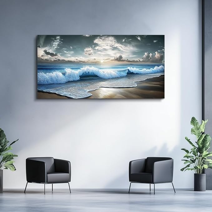 MHARTK66 Blue Ocean Canvas Wall Art Large Paintings For Living Room Landscape Nature Artwork For Walls Beach Wall Decor For Bedroom Wall Art Waves Pictures For The Dining Room Easy Hanging 20x40