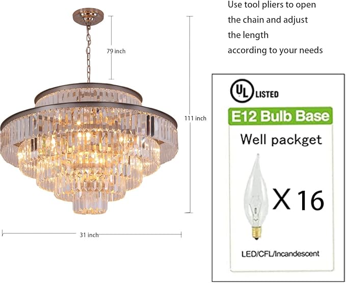 Modern Style Crystal Chandeliers & LightsRound Hanging Classic, Pendant Ceiling Chandelier Lighting Fixture 6-Tier for Dining Room Living Room(Nickel,31inch)