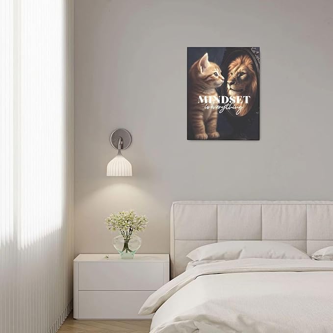 Motivational Lion And Cat Wall Art For Kids Mindset Is Everything Nursery Canvas Wall Decor Inspirational Pictures Paintings Prints Artwork Framed Decorations For Children's Room Bathroom Bedroom Living Room Office Gifts 16" x 20"