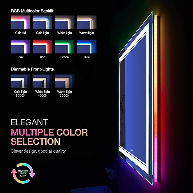 88x38 Inch RGB LED Bathroom Mirror with Lights, Color Changing RGB Backlit LED Mirror for Bathroom,Lighted Vanity Mirrors for Bathroom Wall, Dimmable, Anti-Fog (RGB Backlit+Front-Lit)