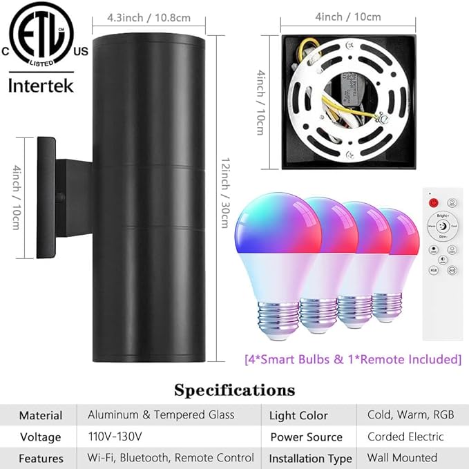 KIZON Smart Porch Lights 2 Pack, RGB Modern Outdoor Wall Lights Dusk to Dawn Exterior Lighting Fixture App Control with Remote, Up and Down Outdoor Sconce Lights for House Patio Garage, ETL Listed