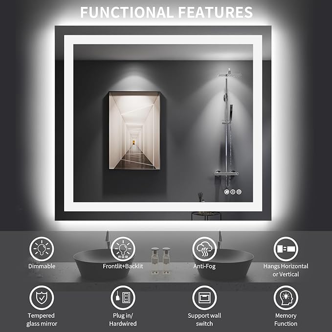 LOAAO 44"X36" LED Mirror for Bathroom, Lighted Bathroom Mirror with Lights, Anti-Fog, Dimmable, Memory Function, Easy to Install, Clear Reflection