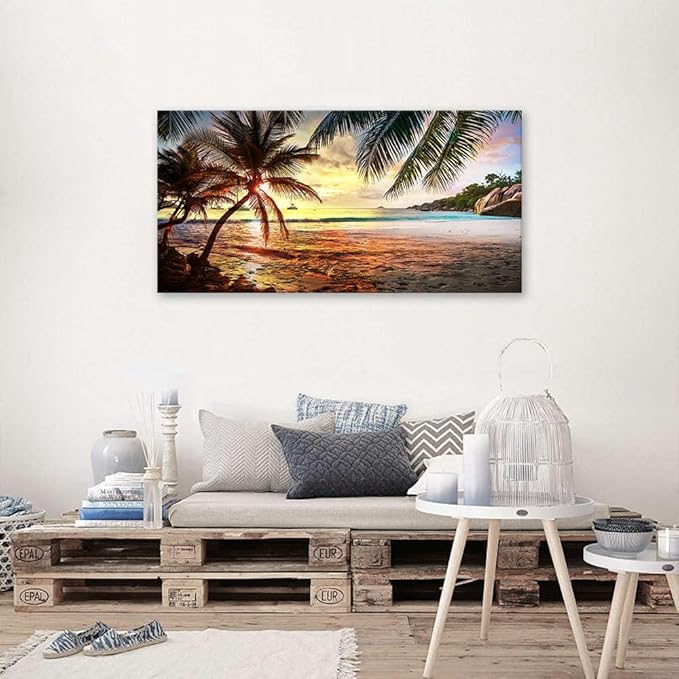 BYXART Canvas Wall Art for Bedroom Tropical Palm Tree Summer Ocean Waves Coconut Trees Beach Sunrise Seascape Scenery Painting Nature Picture for Living Room Bathroom Home Office Decor 40L x 20W