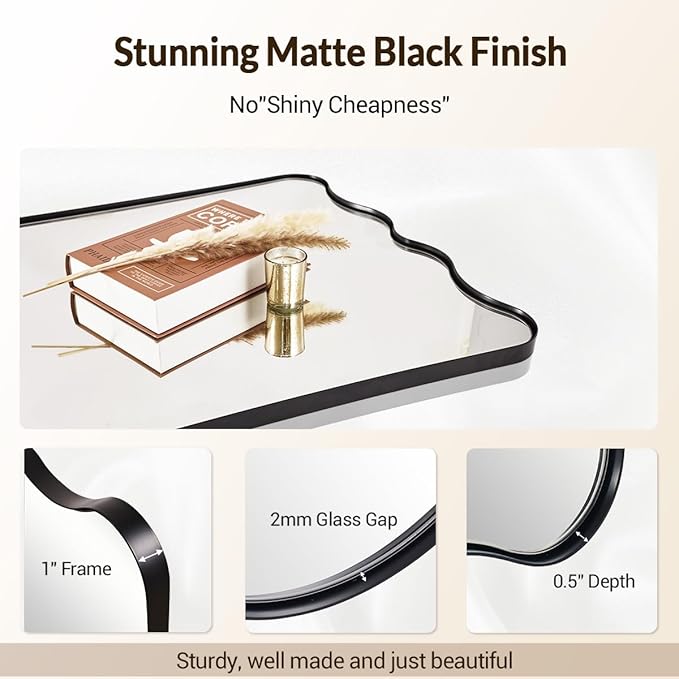 ANDY STAR 24x36 Wavy Rectangle Bathroom Mirror, Matte Black Scalloped Mirror with Curved Design, Irregular Wall Mirror for Vanity, Powder Room, Wall Decor, Stainless Steel Frame, Anti-Rust