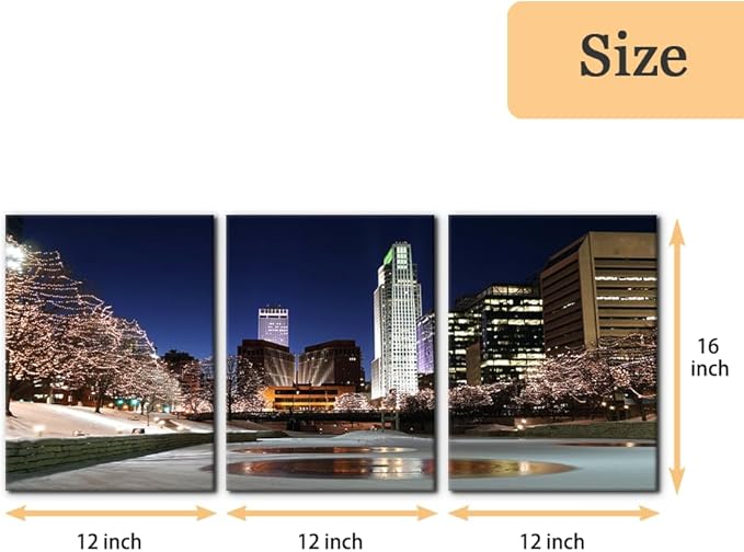 Pacimo Canvas Wall Art Decor Omaha Cityscape Modern Artwork for Wall Painting City Skyline Night View Pictures Gallery Wrapped Posters and Prints Stretch and Framed Ready to Hang - 12"x16"x3 Panels