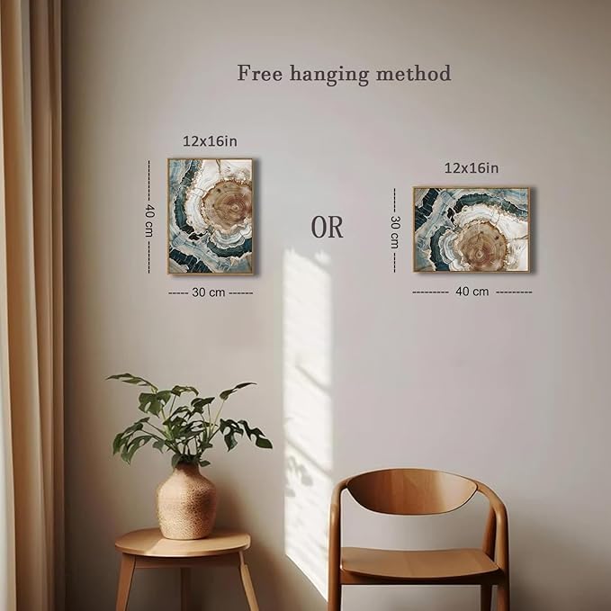 BingruiArt Framed Tree Ring Canvas Wall Art Abstract Wood Wall Decor Boho Modern Colorful Nature Painting Wood Stump Prints Pictures for Living Room Bedroom Bathroom Office 12"x16" Natural Framed(06)