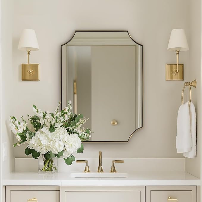 Brushed Brass Bathroom Mirror, 22x30 Inch Notched Corner Scalloped Rectangle Gold Bathroom Wall Mirror, in Anti-Rust Stainless Steel Metal Frame Hang Vertical/Horizontal for Home Decor