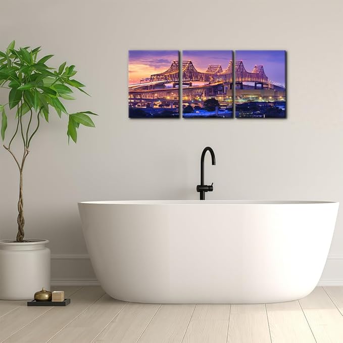 Pacimo Canvas Print Wall Art Set New Orleans Cityscape Modern Walls Decoration for Living Room Bedroom Office Crescent City Connection Bridge Pictures Painting Framed Ready to Hang - 12"x16"x3 Panels