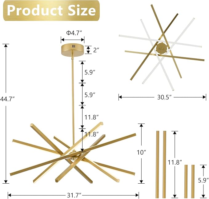 Modern Gold Chandelier Light Fixtures - LED 6-Lights Dining Room Linear Chandeliers Pendant Lights Fixture Over Table 3000K 4500K 6000K 3-Color Dimmable for Kitchen Island Living Room