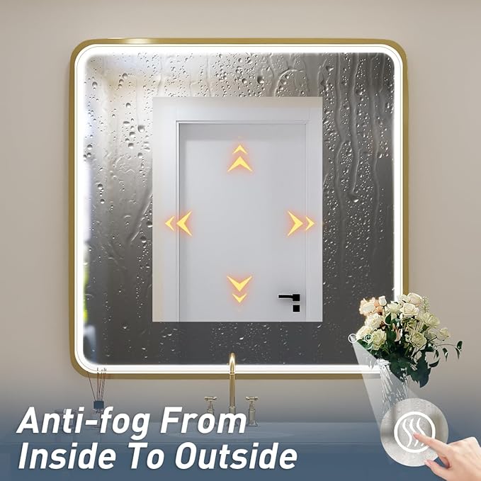 36X36 Inch LED Bathroom Mirrors,Gold Framed Dimmable Lighted Mirror for Wall, Bathroom Vanity Mirror with Lights, Anti Fog Design&6000K&Touch Switch